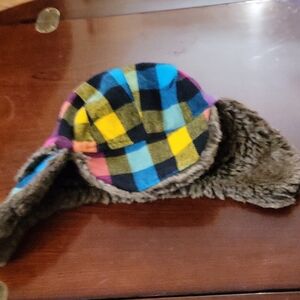 SO Plaid  Hat with Ear Flaps - Blue, Yellow, Pink